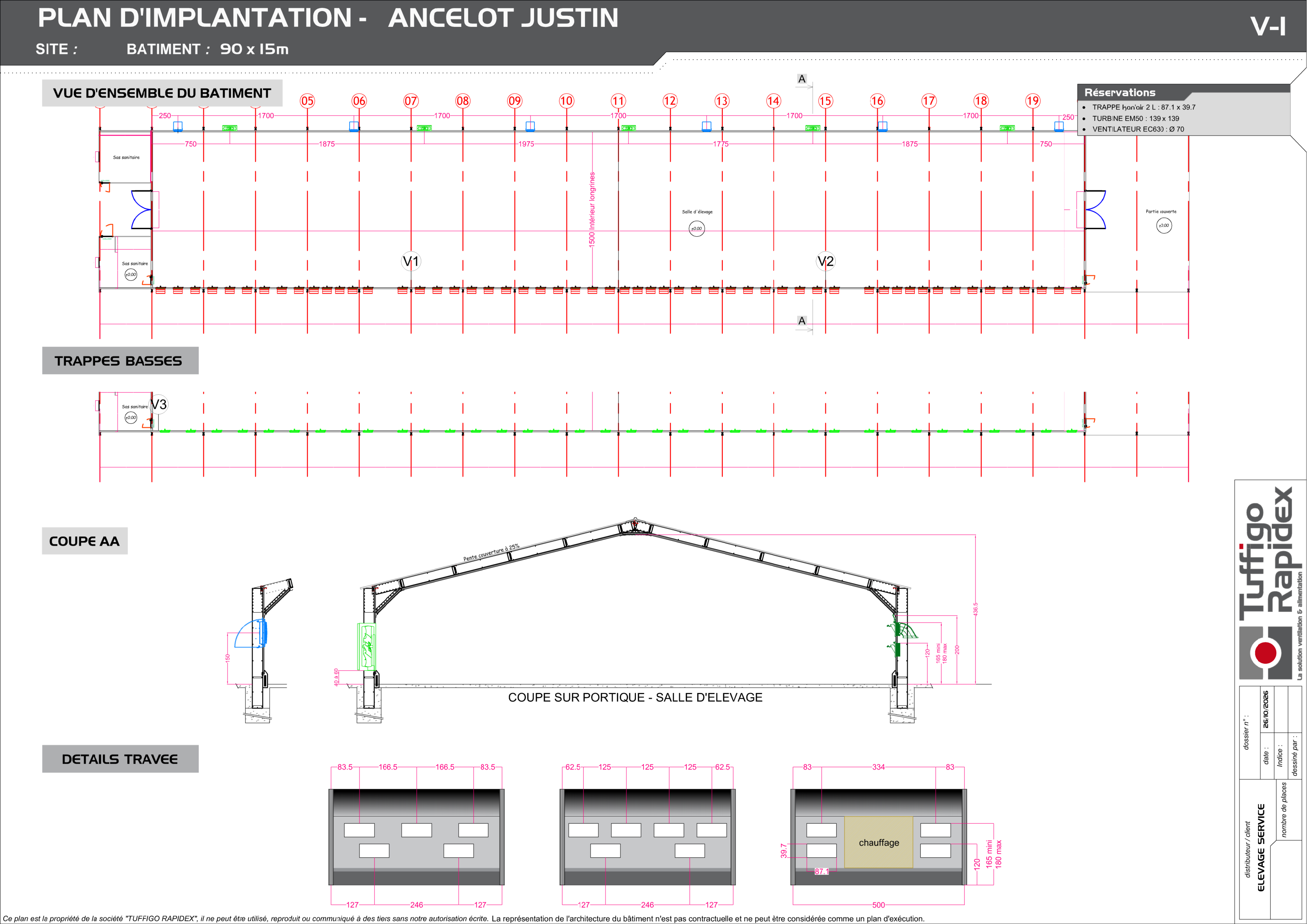 Plan d'implantation Tuffigo Rapidex — Bâtiment 90 × 15 m