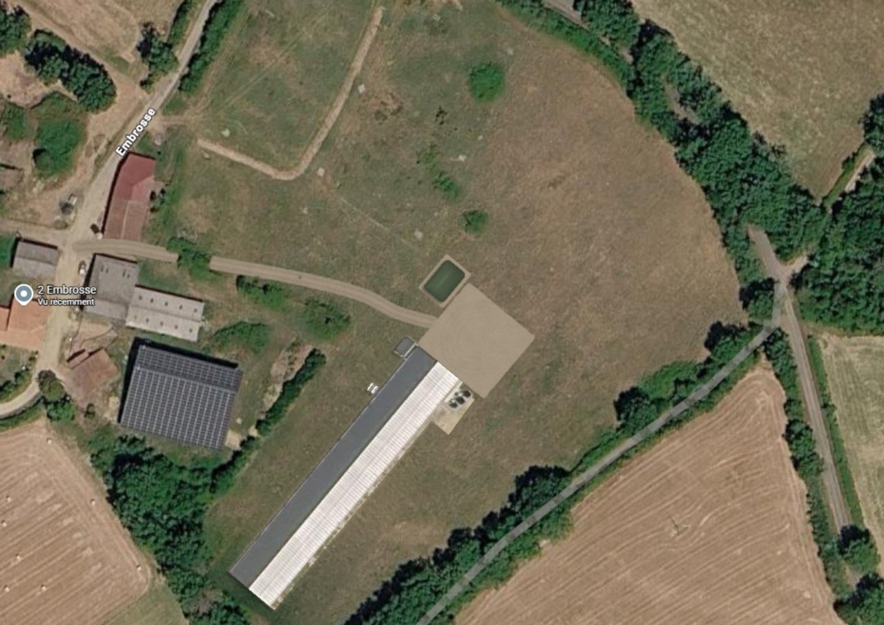Vue aérienne avec le bâtiment volaille implanté — Embrosse, 87330 Val d'Issoire